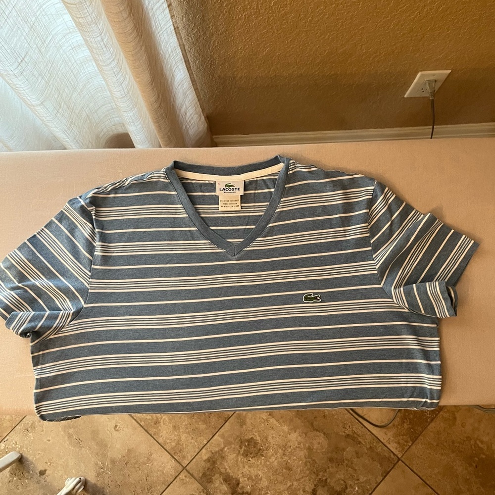 Lacoste blue with white mens v-neck shirt size medium